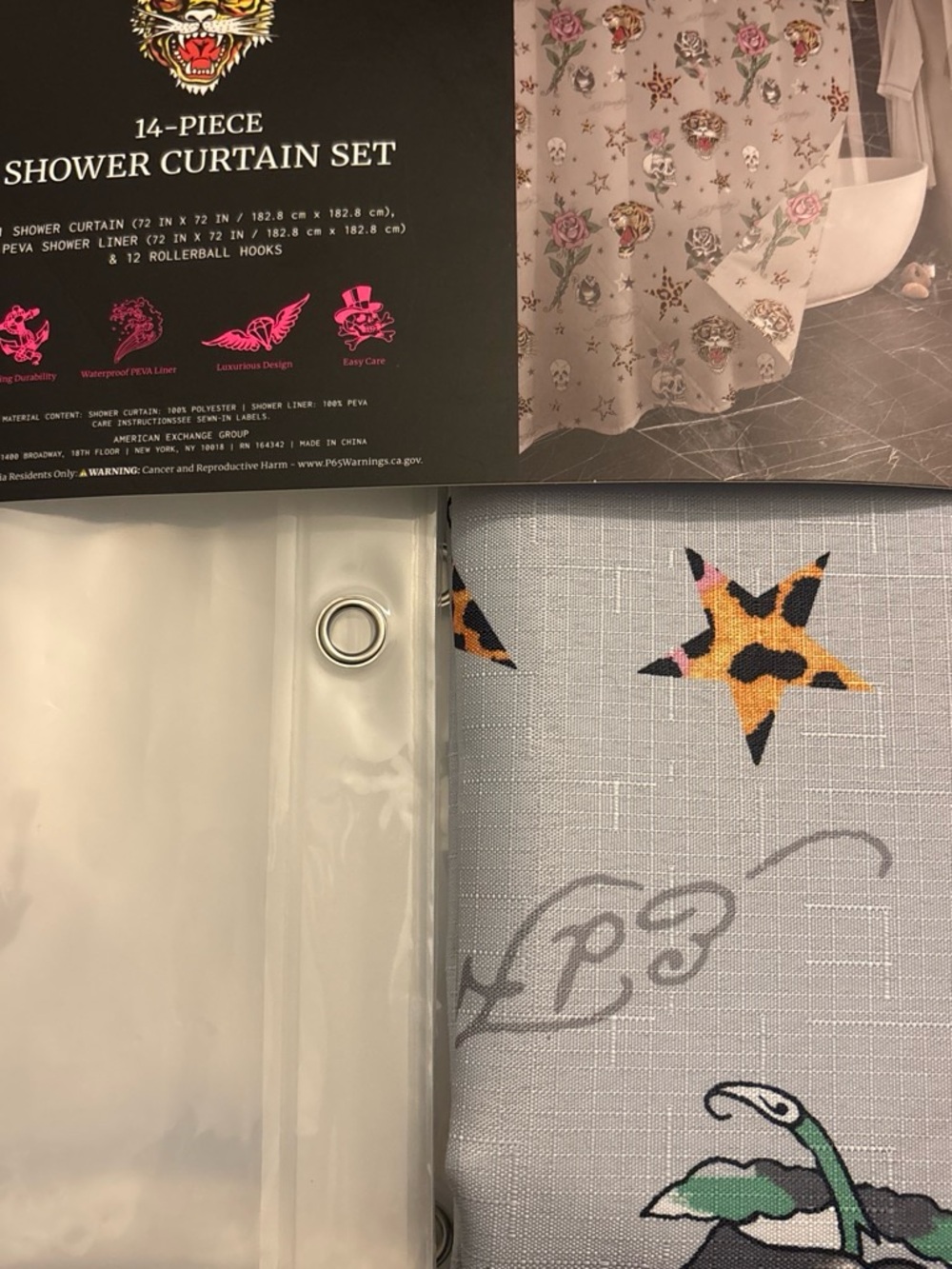 14-Piece Shower Curtain Set - Grey with Multicolor Star and rose Pattern